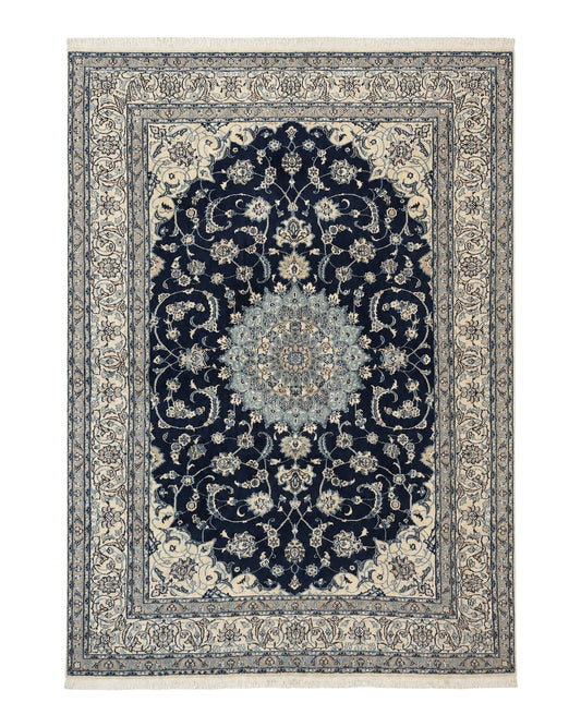 Persian Nain Rug 8x11, Navy Blue and Ivory, Handmade Wool Vintage Carpet, Floral Medallion