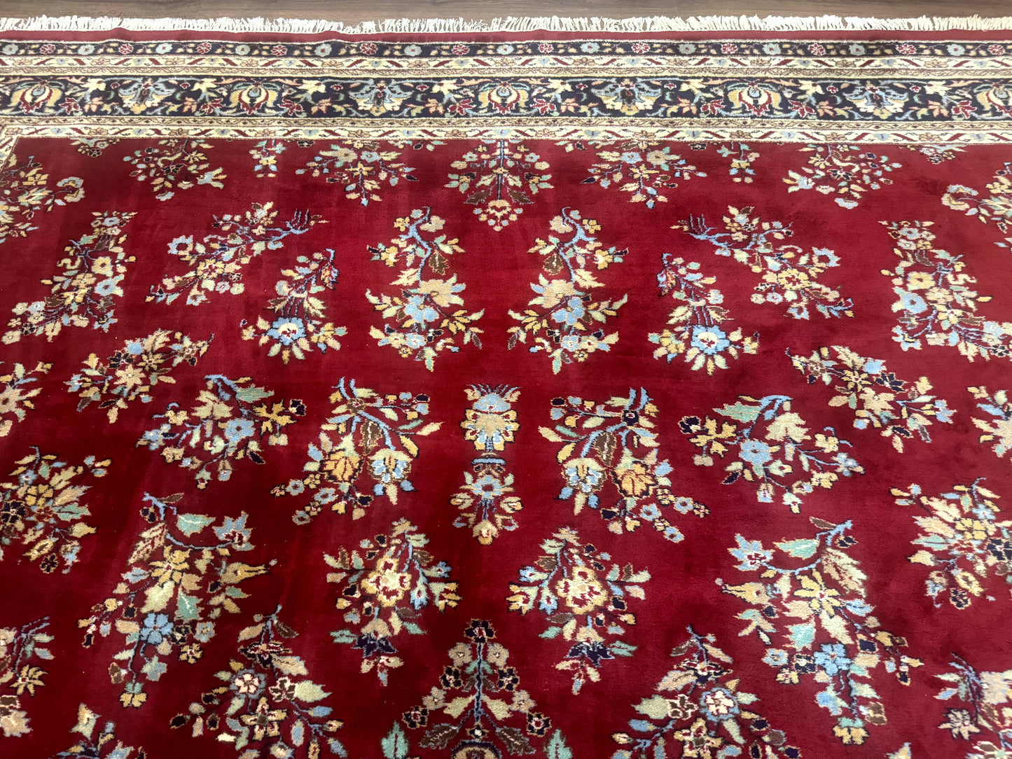 Indo Persian Sarouk Rug 10x14, Large Red and Navy Blue Carpet, Traditional Floral Wool Rug - Nuvé