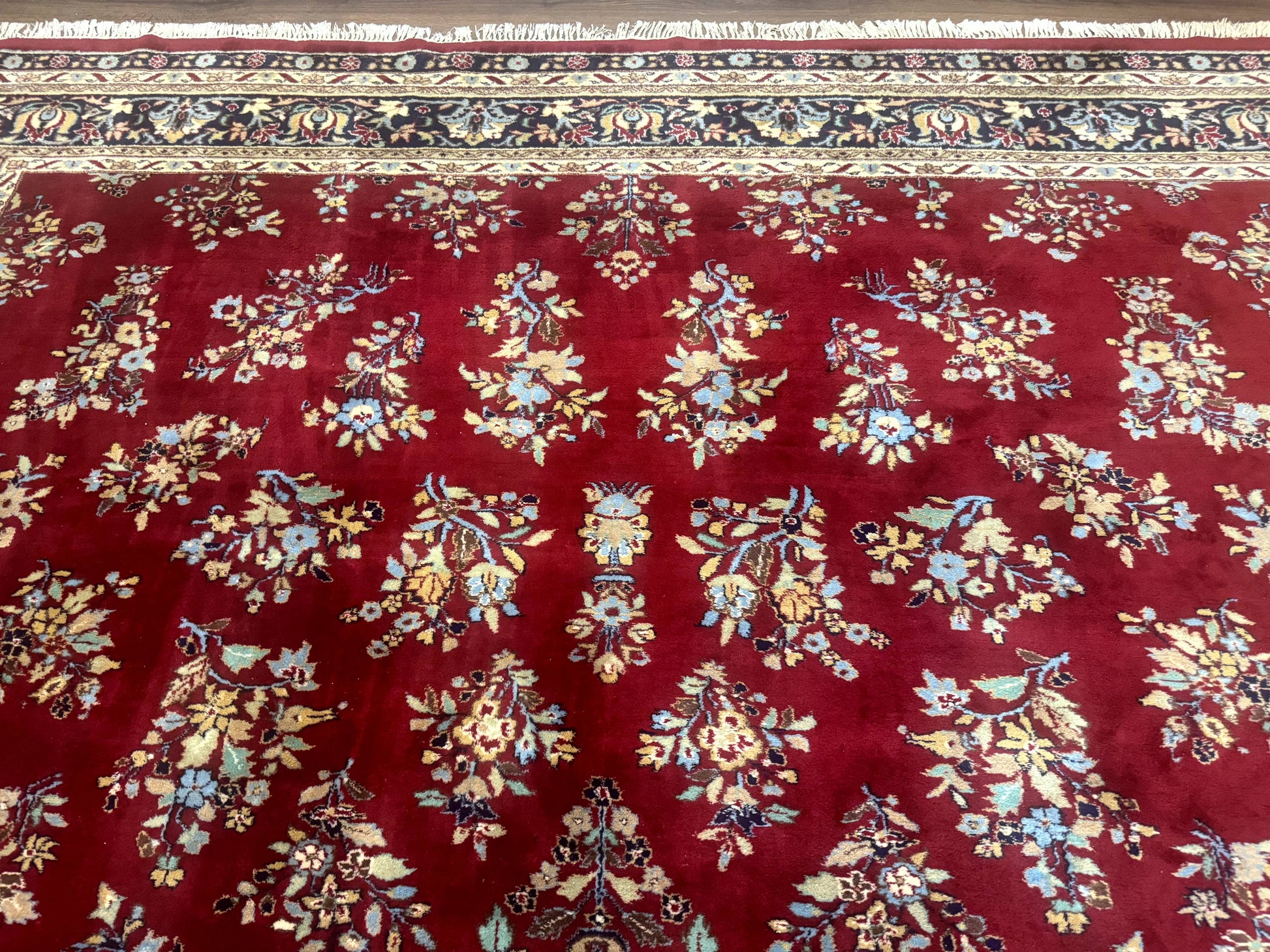 Indo Persian Sarouk Rug 10x14, Large Red and Navy Blue Carpet, Traditional Floral Wool Rug - Nuvé