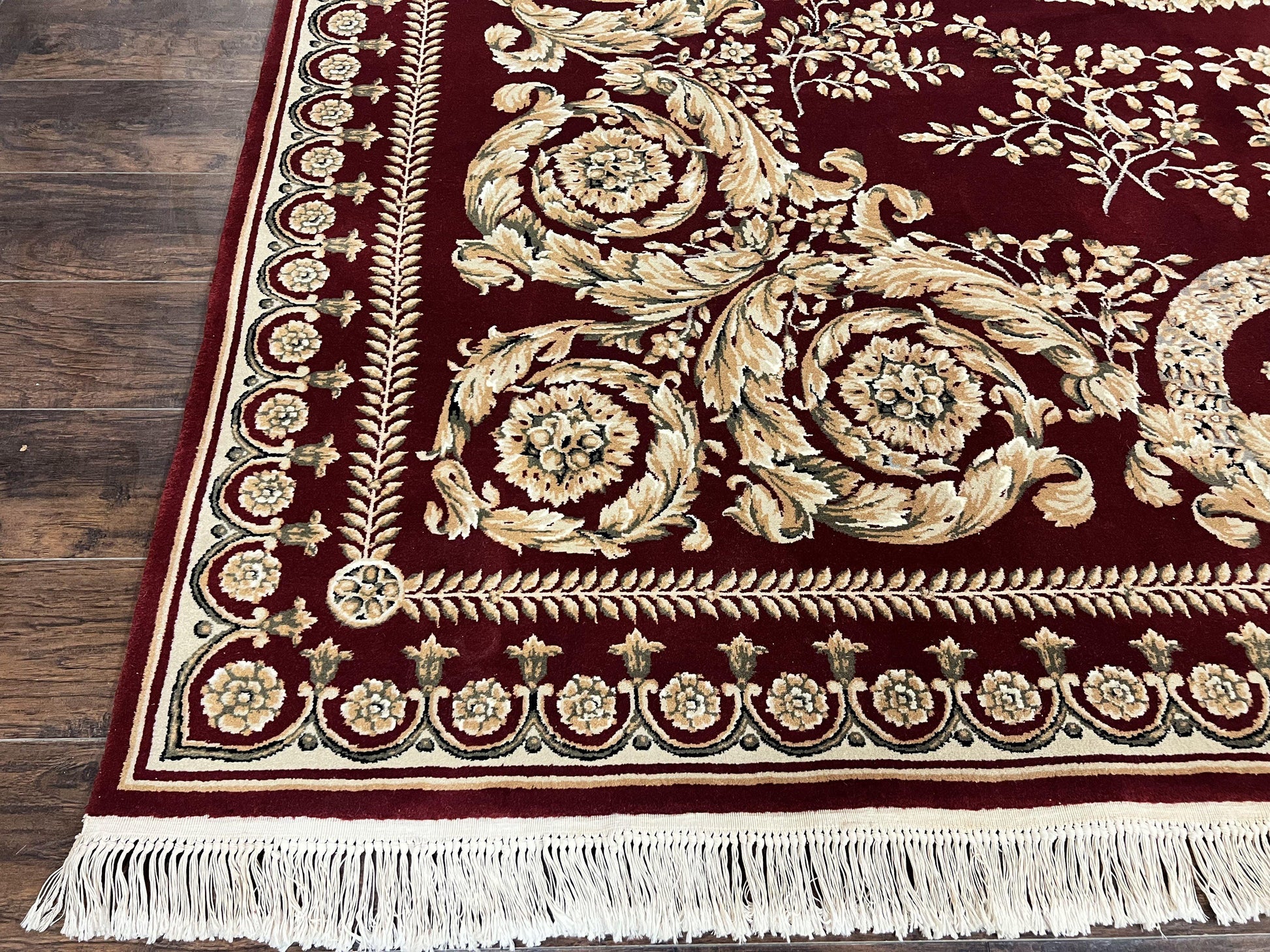 Aubusson Rug 9x12, Wool Handmade Carpet, Elegant French European Design, Dark Maroon Red, 9 x 12 Room Sized Rug, Finely Hand Knotted - Nuvé