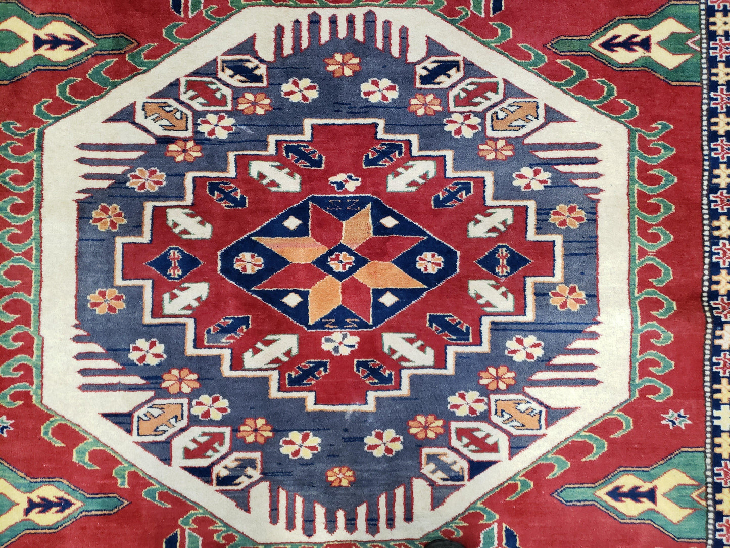 Vintage Turkish Kazak Area Rug, 6ft Square Rug, 6x6 Square Oriental Carpet, Hand-Knotted, Wool, Bold Colors, Red Blue Green, Geometric Rug - Nuvé