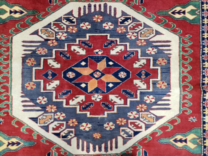 Vintage Turkish Kazak Area Rug, 6ft Square Rug, 6x6 Square Oriental Carpet, Hand-Knotted, Wool, Bold Colors, Red Blue Green, Geometric Rug - Nuvé
