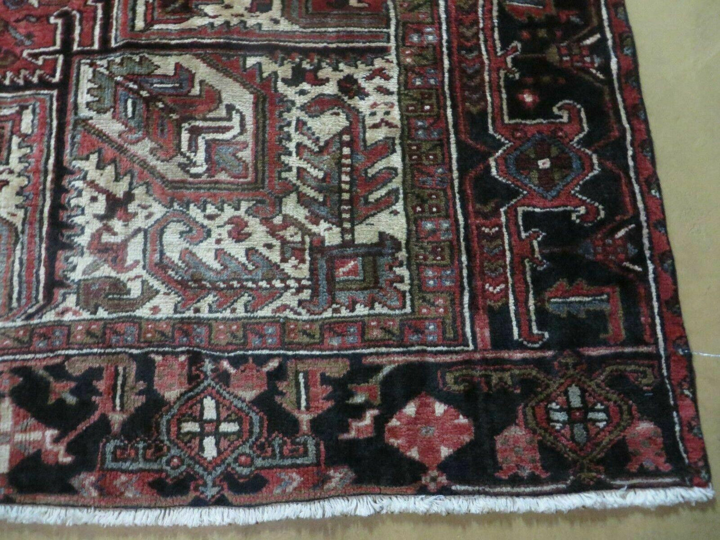 Persian Heriz Rug 8x12 Semi Antique Heriz Carpet, Room Sized Persian Carpet, Geometric Medallion, Wool, Hand Knotted, Red Ivory Dark Blue - Nuvé