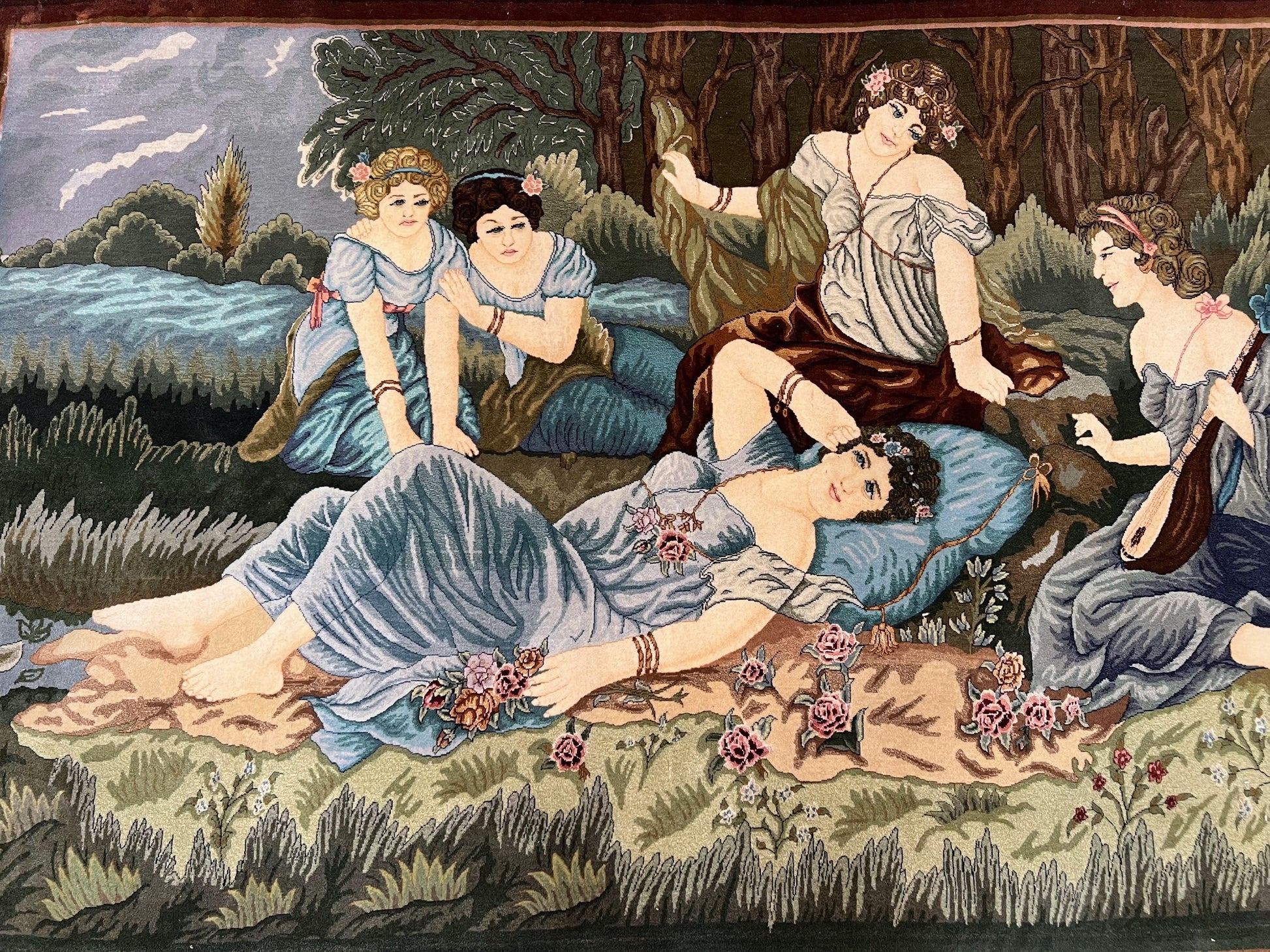 Persian Tabriz Pictorial Rug 5x3, Women Laying By River, Super Fine 60 Raj 480+ KPSI, Hand Knotted Wool Rug, Semi Antique Vintage Oriental Carpet - Nuvé