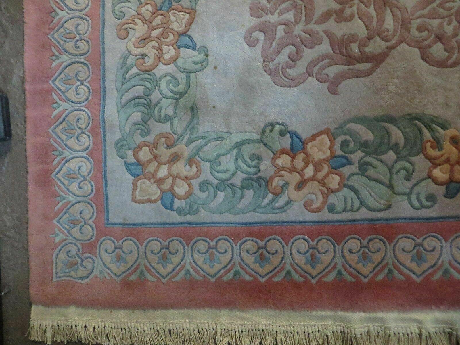 9' X 12' Vintage Handmade Chinese Carving Sculpture Wool Rug Flower Design Pink Carpet - Nuvé
