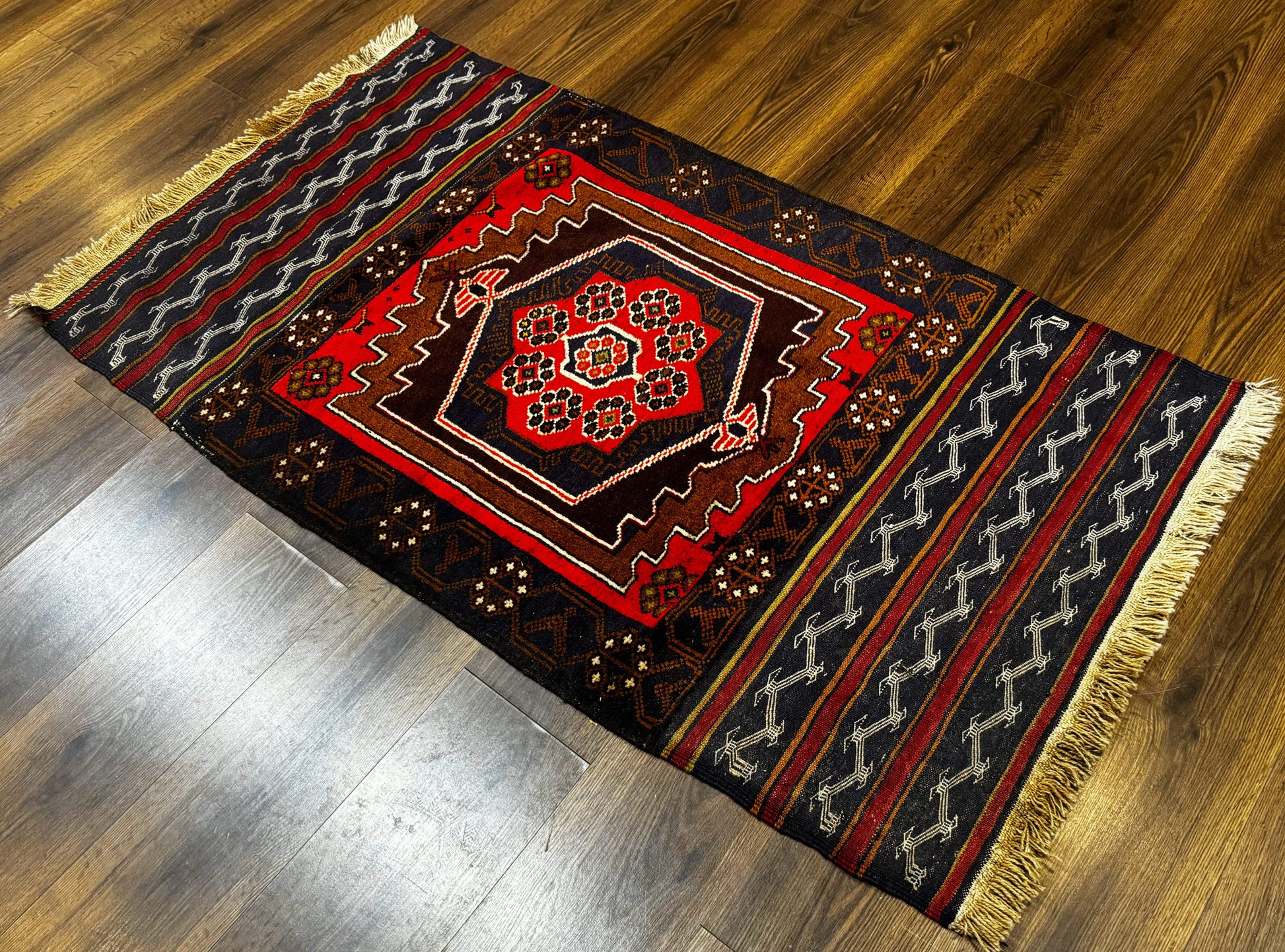 Afghan Rug 3x5, Tribal, Navy Blue, Wool, Handmade, Geometric, Rustic - Nuvé