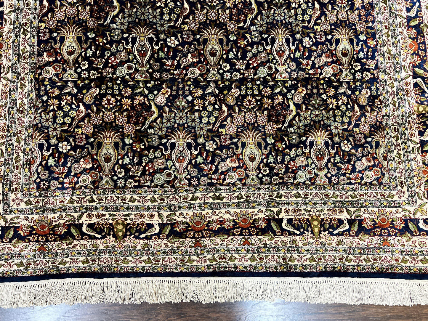 Silk Indian Kashmiri Rug 5x7, Navy Blue Indo Persian Silk Carpet 5 x 7 ft, Hand Knotted Handmade Very Fine Oriental Carpet, 450 KPSI, Birds - Nuvé