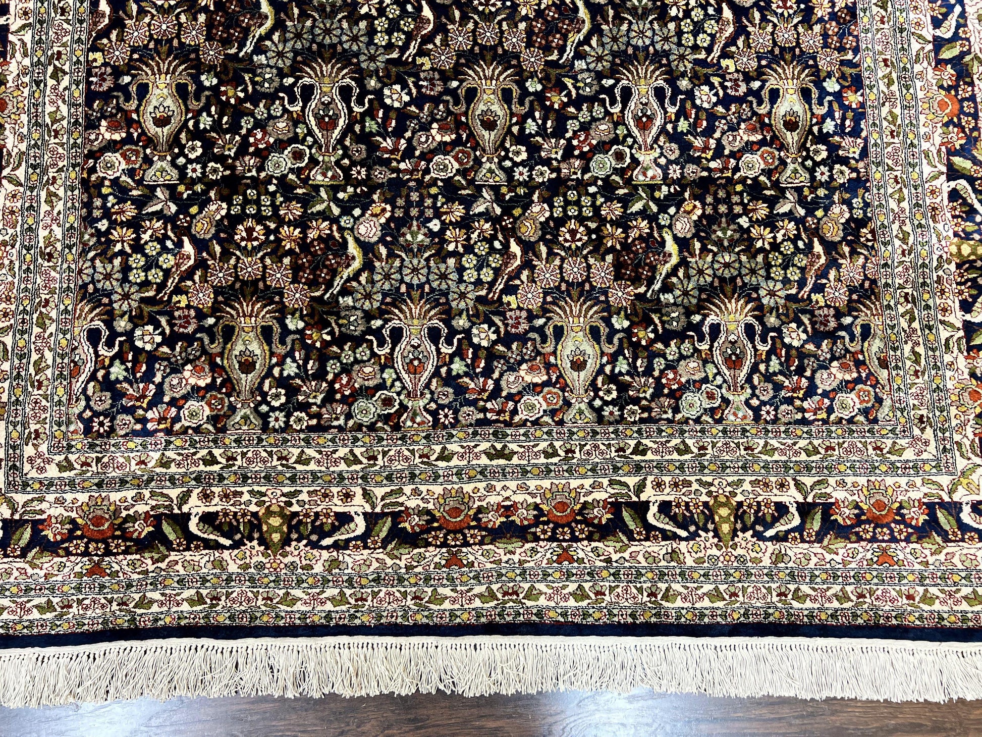 Silk Indian Kashmiri Rug 5x7, Navy Blue Indo Persian Silk Carpet 5 x 7 ft, Hand Knotted Handmade Very Fine Oriental Carpet, 450 KPSI, Birds - Nuvé