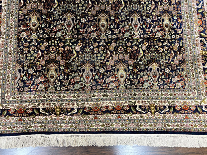 Silk Indian Kashmiri Rug 5x7, Navy Blue Indo Persian Silk Carpet 5 x 7 ft, Hand Knotted Handmade Very Fine Oriental Carpet, 450 KPSI, Birds - Nuvé