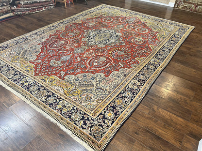 Wonderful Persian Qum Rug 10x14, Wool w/ Silk Highlights, Hand Knotted Semi Antique Vintage Carpet, Red, Floral, Fine Weave, Birds Deer Pictorials - Nuvé