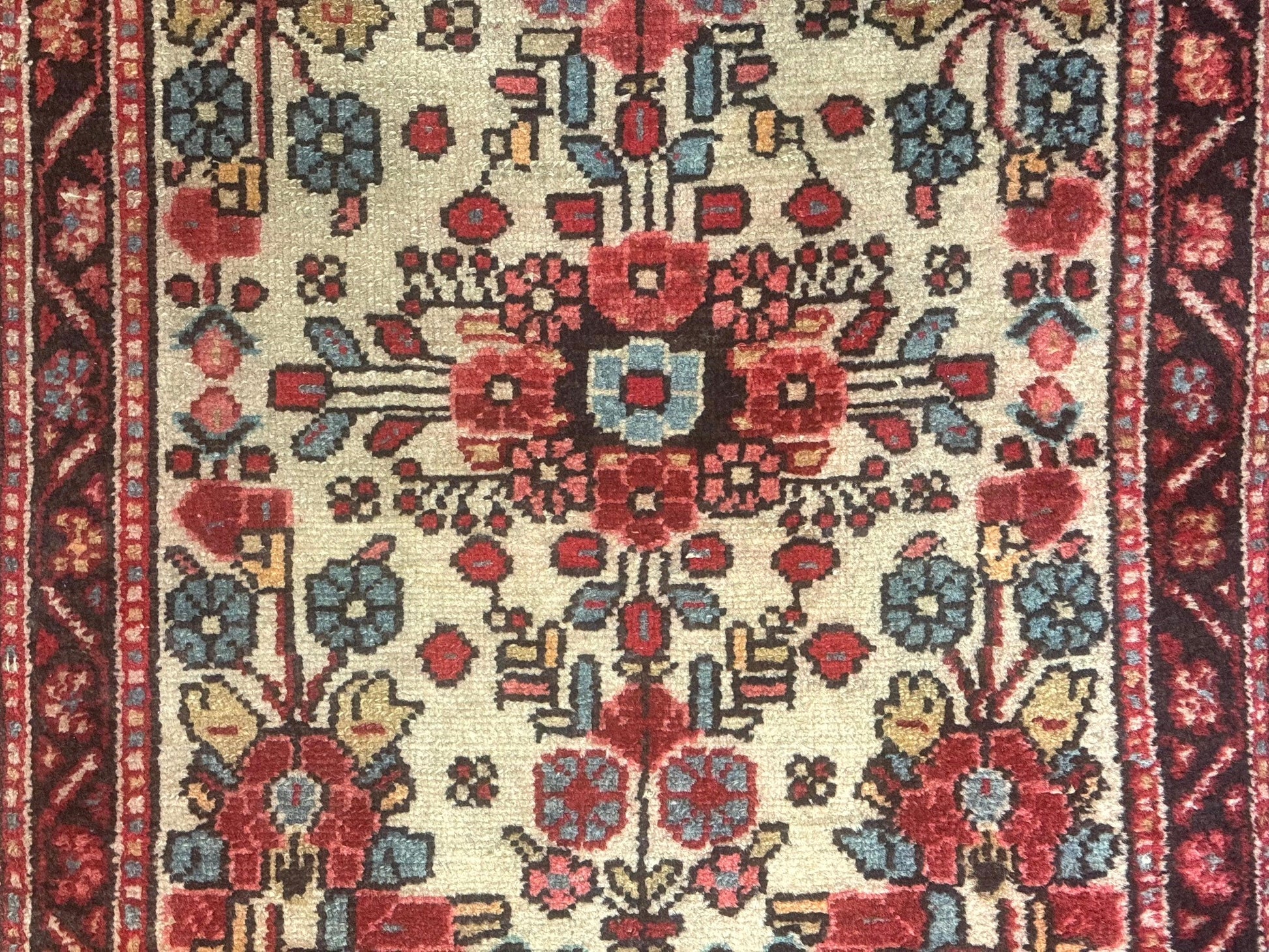 Small Antique Persian Rug 2x3, Beige and Red, Floral, Wool, Hamadan Rug - Nuvé