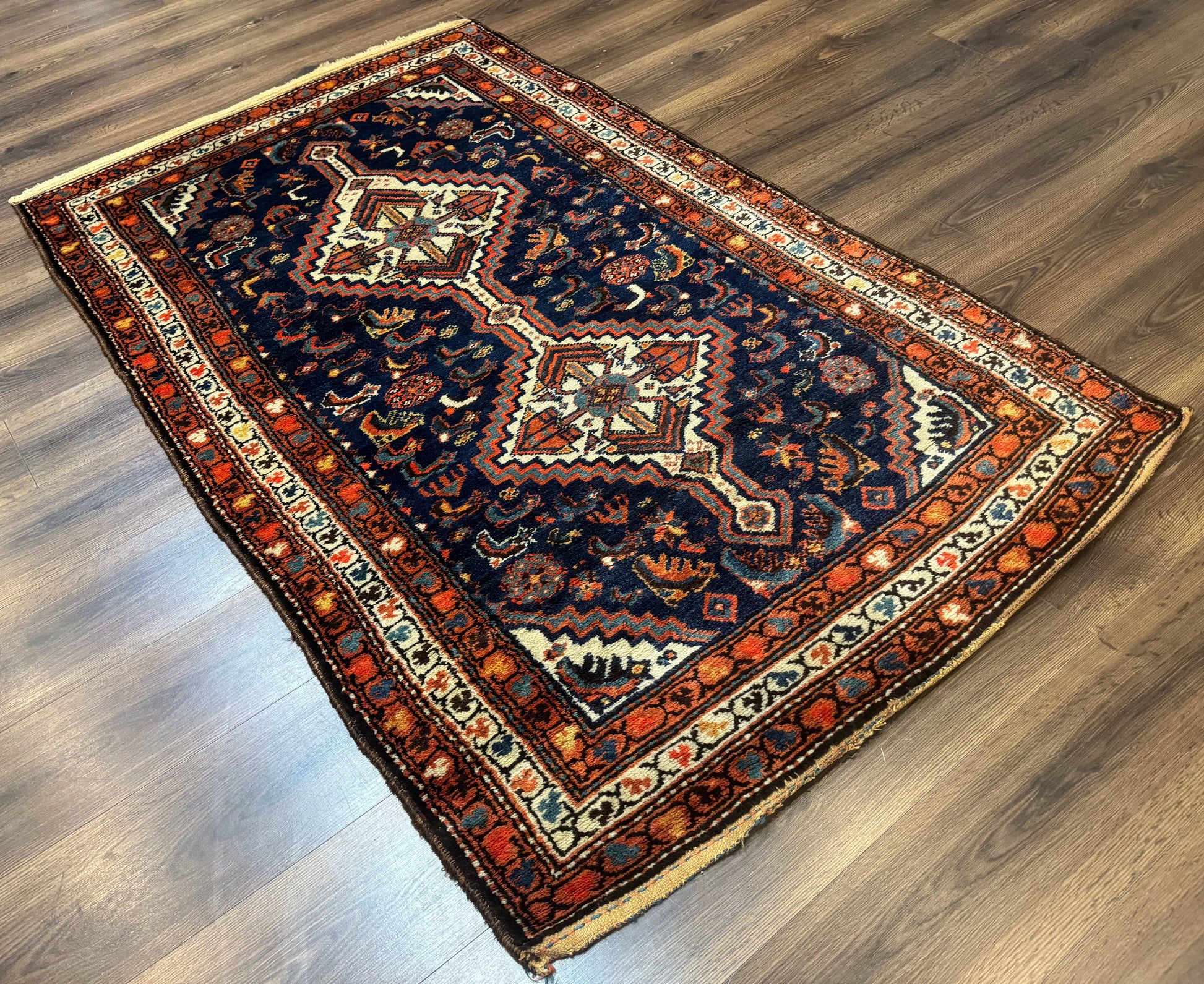 Antique Persian Hamadan Rug 4x6, Geometric, Double Medallions, Navy Blue, Tribal Carpet - Nuvé