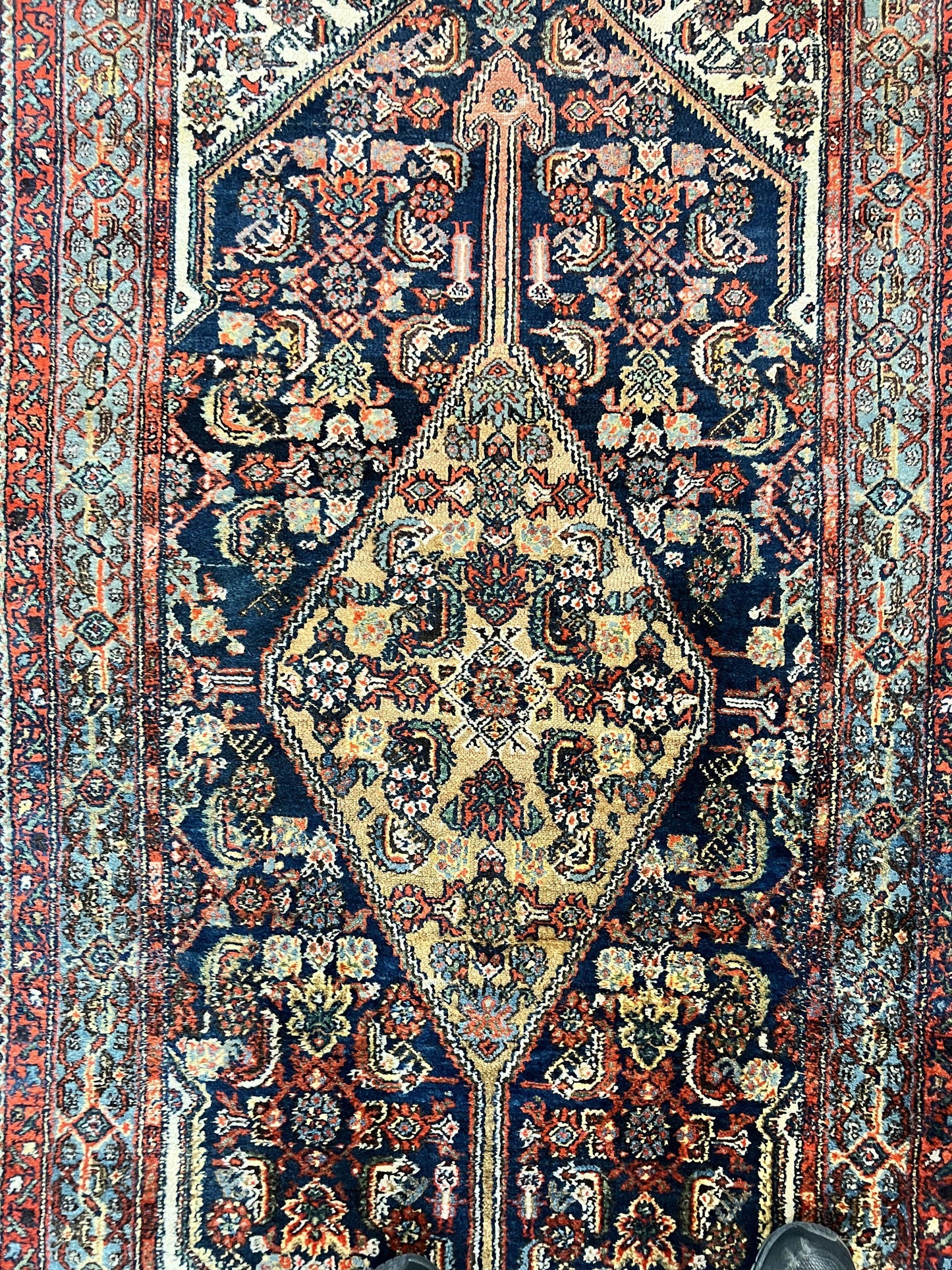 Antique Persian Runner Rug 3.7 x 15.8, Navy Blue Multicolor, Hand Knotted Handmade Wool Rug for Hallway, Geometric Medallions, Persian Hamadan Rug - Nuvé
