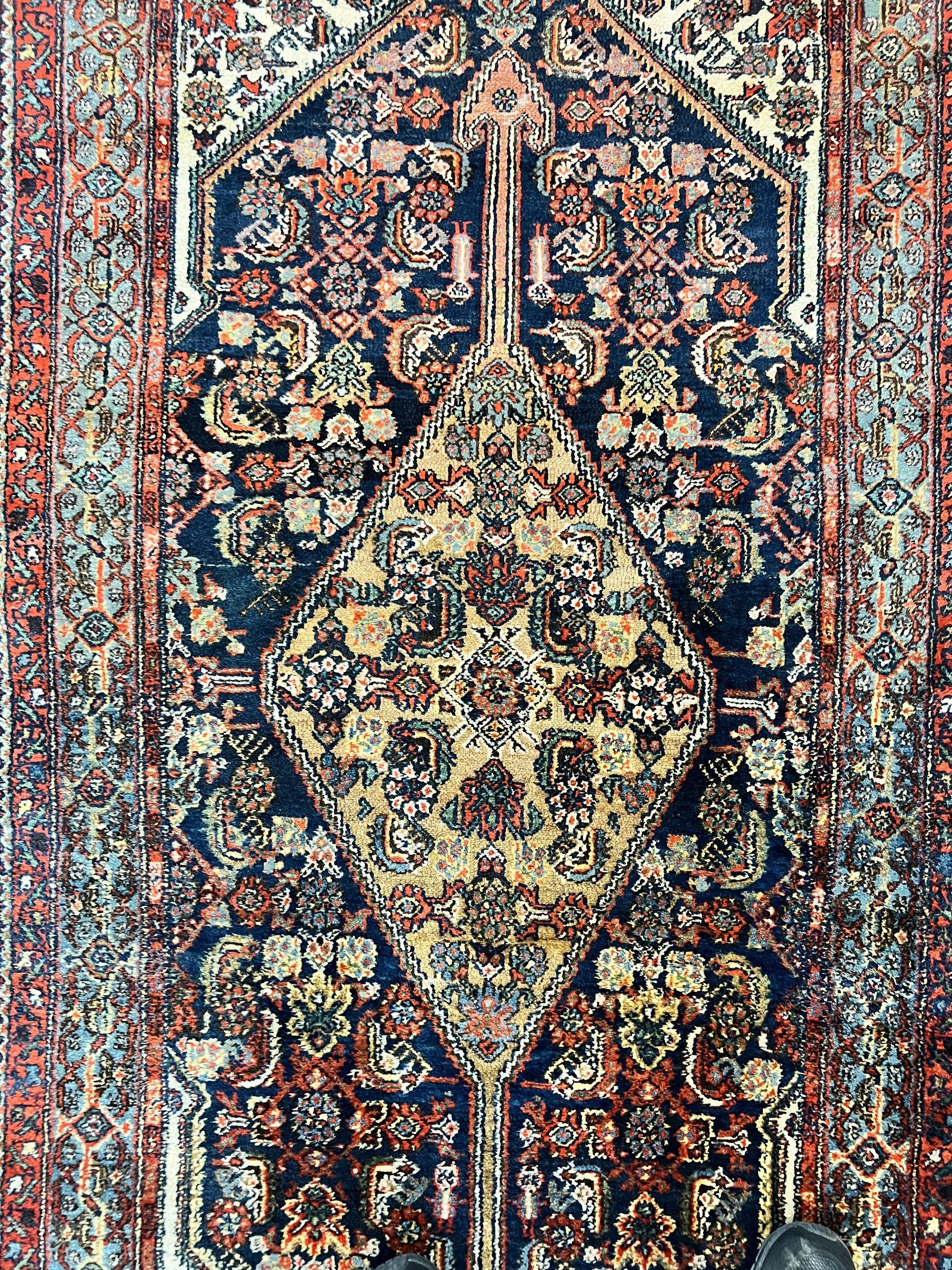 Antique Persian Runner Rug 3.7 x 15.8, Navy Blue Multicolor, Hand Knotted Handmade Wool Rug for Hallway, Geometric Medallions, Persian Hamadan Rug - Nuvé