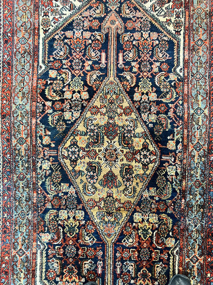 Antique Persian Runner Rug 3.7 x 15.8, Navy Blue Multicolor, Hand Knotted Handmade Wool Rug for Hallway, Geometric Medallions, Persian Hamadan Rug - Nuvé