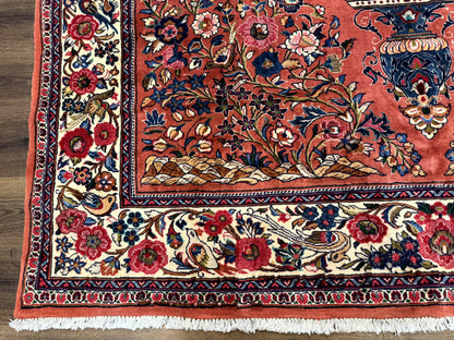 Persian Sarouk Rug 7x10, Red and Ivory, Floral Bouquets, Birds - Nuvé