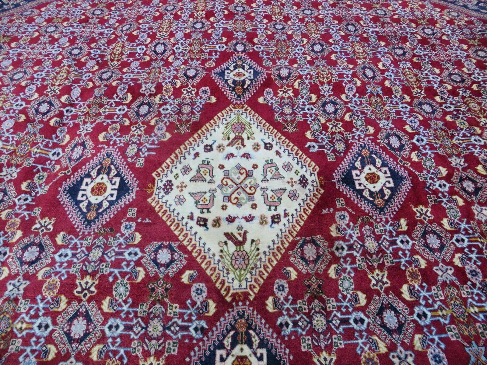 Oversized Persian Shiraz Tribal Rug 13x19, Palace Sized Oriental Carpet, Handmade Hand-Knotted X Large Rug, Red Blue Cream, Allover Herati Pattern - Nuvé