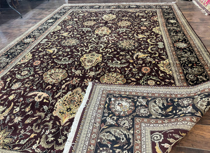 Indo Persian Rug 10x14, Floral Allover, Handmade Vintage Wool Rug, Dark Maroon/Plum and Black - Nuvé