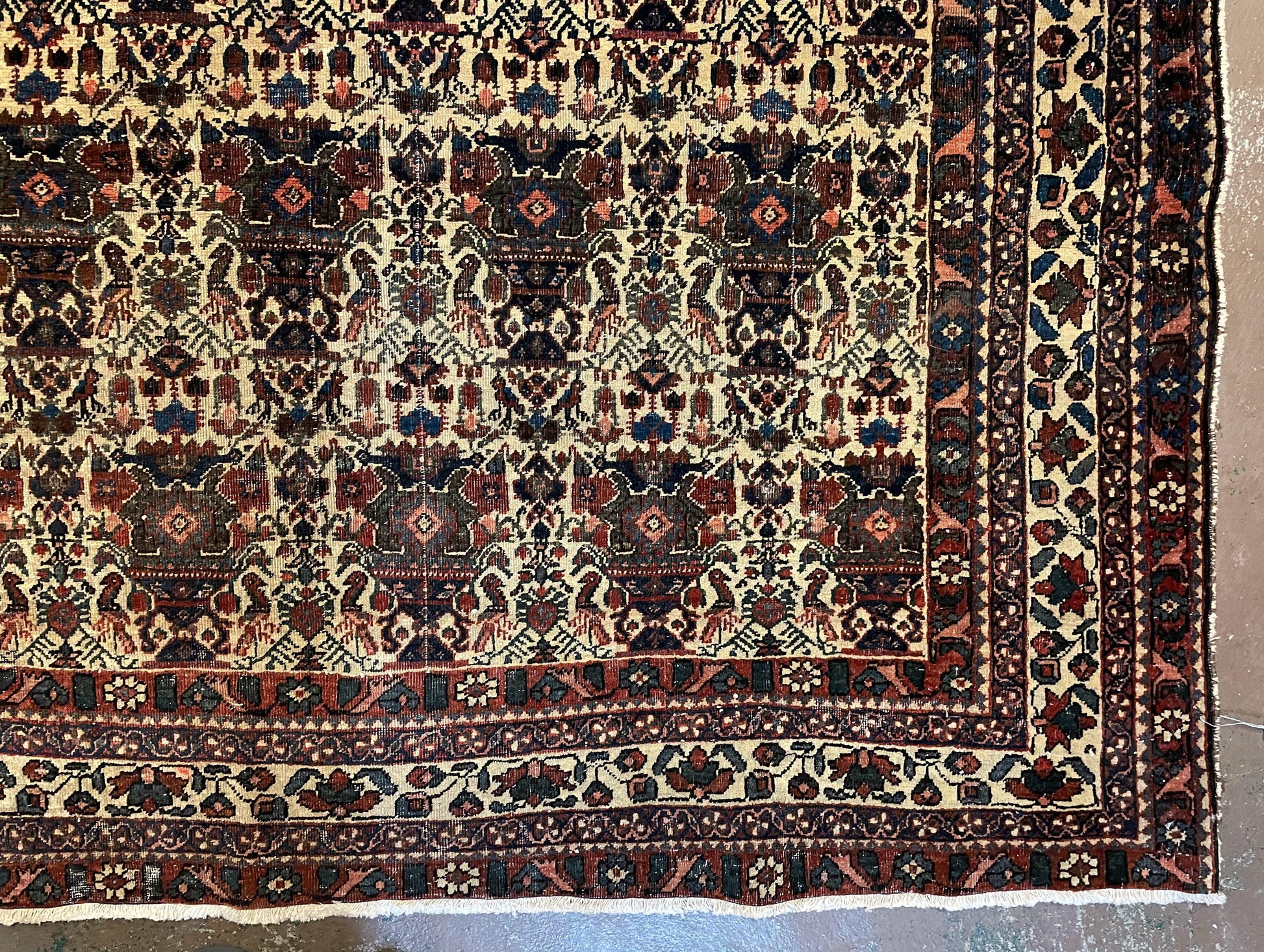 Antique Persian Afshar Rug 5x7, Wool Hand Knotted Oriental Carpet 5 x 7 ft, Repeated Motif Allover, Cream and Maroon, Tribal Rug, Medium Sized Rug,  Zil-i-Sultan Design - Nuvé