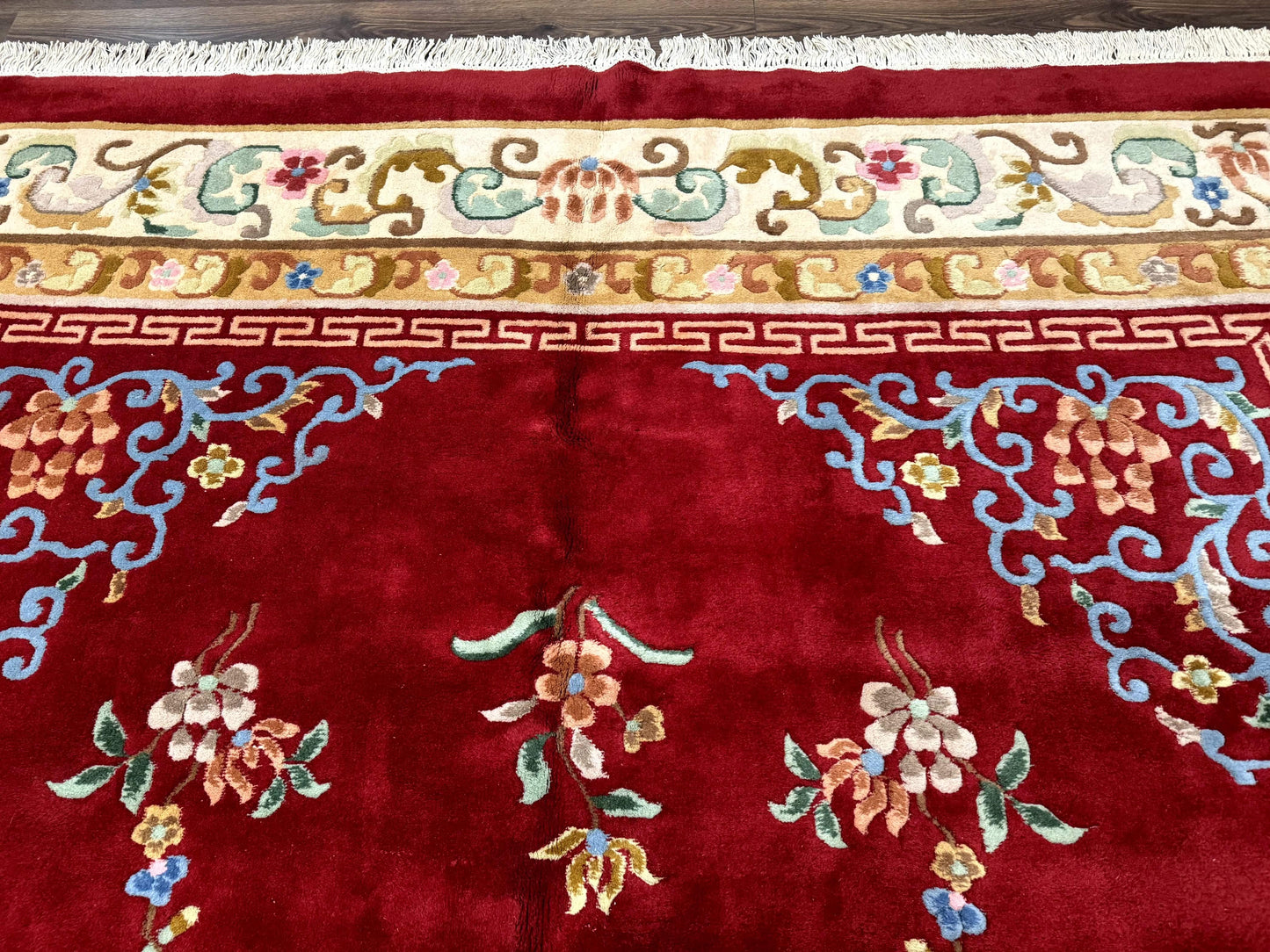 Indo Chinese Wool Rug 9x12, Red Art Deco Carpet, Vintage - Nuvé