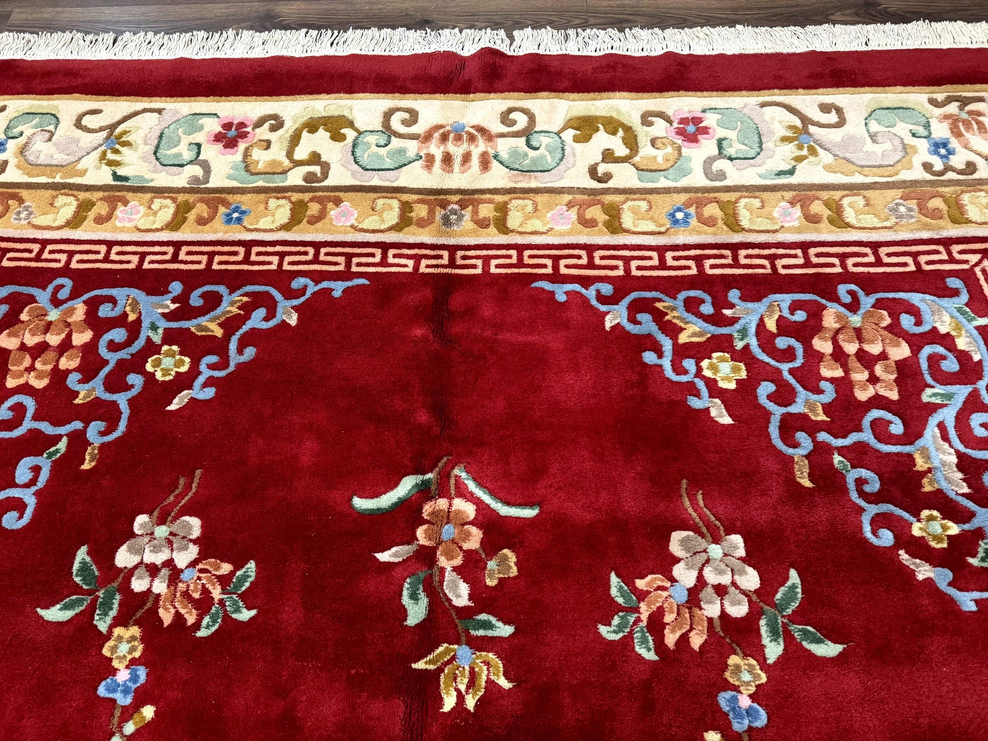 Indo Chinese Wool Rug 9x12, Red Art Deco Carpet, Vintage - Nuvé