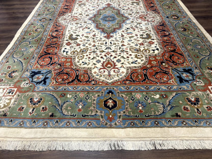 Indo Persian Rug 9x12, Ivory Red Green, Traditional Oriental Carpet - Nuvé