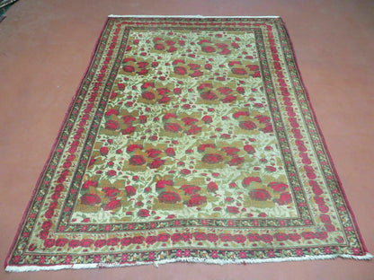 5' X 6' Antique Handmade India Floral Oriental Wool Rug Roses Flowers Traditional Contemporary Design - Nuvé