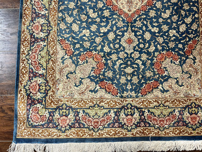 Magnificent Persian Qum Silk Rug 3x5, Blue, Super Fine 675 KPSI - 70 Raj, Floral Roses, Handmade Vintage Silk Carpet, Masterpiece - Nuvé
