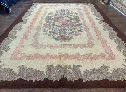 American Hand Hooked Rug 9x12, Vintage Aubusson Carpet, Wool - Nuvé
