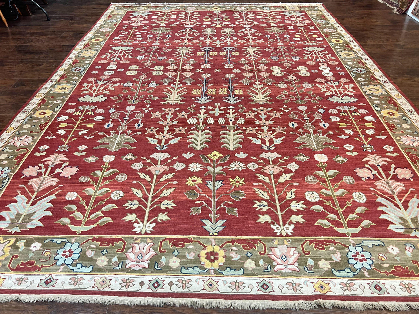 Indian Rug 10x14, Wool Hand Knotted Flatweave Carpet, Tree of Life, Red and Green - Nuvé
