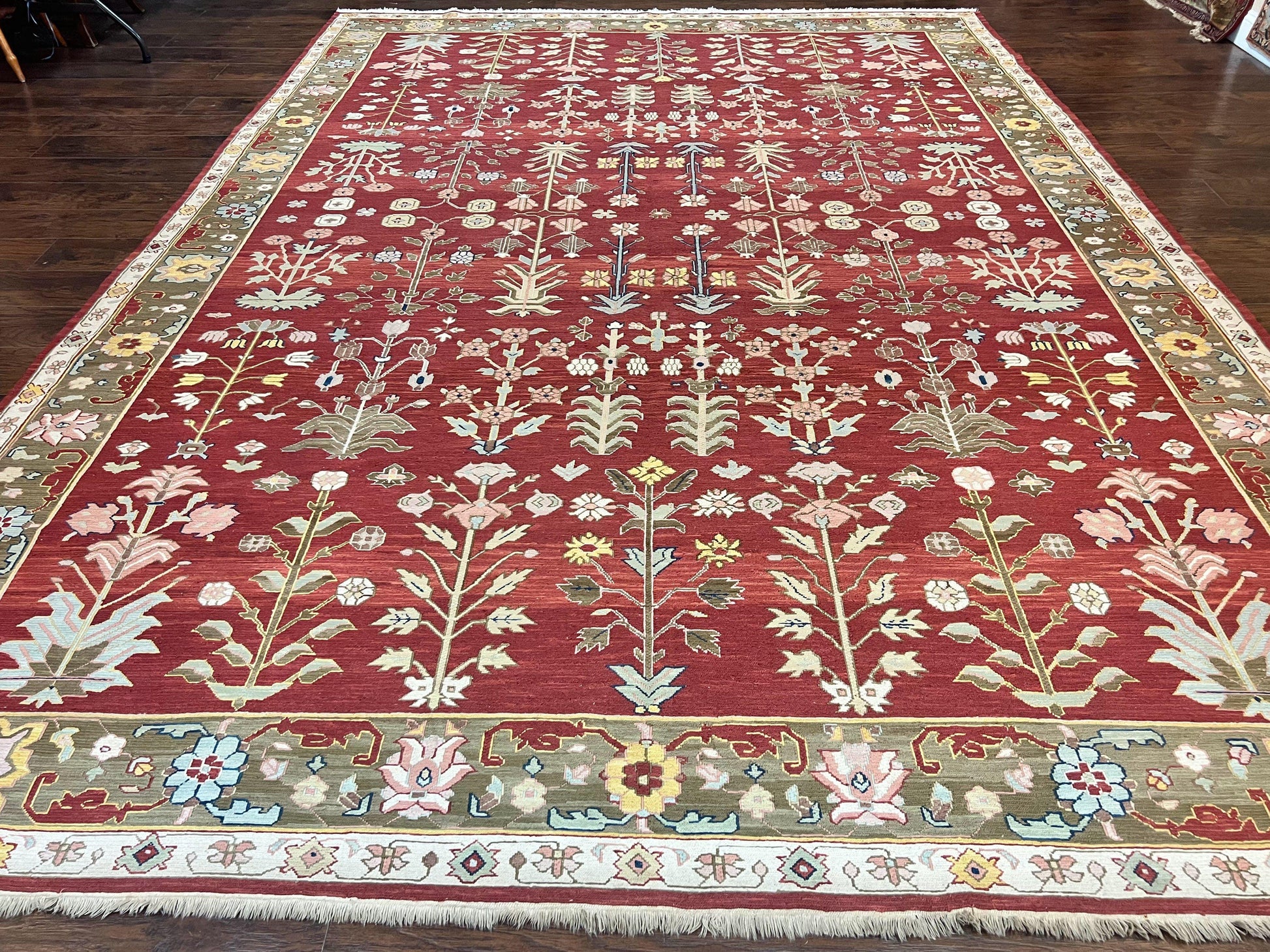 Indian Rug 10x14, Wool Hand Knotted Flatweave Carpet, Tree of Life, Red and Green - Nuvé