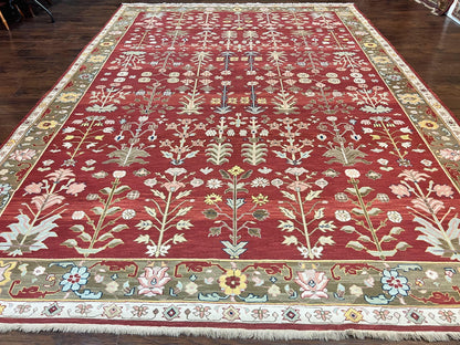 Indian Rug 10x14, Wool Hand Knotted Flatweave Carpet, Tree of Life, Red and Green - Nuvé