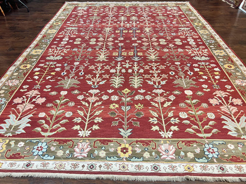 Indian Rug 10x14, Wool Hand Knotted Flatweave Carpet, Tree of Life, Red and Green - Nuvé