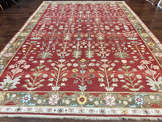 Indian Rug 10x14, Wool Hand Knotted Flatweave Carpet, Tree of Life, Red and Green - Nuvé