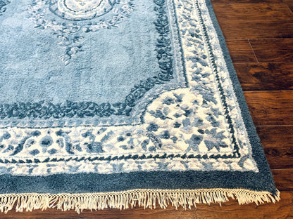 Indo Chinese Aubusson Rug 6x9, Light Blue and Ivory, Handmade Vintage Wool Carpet - Nuvé