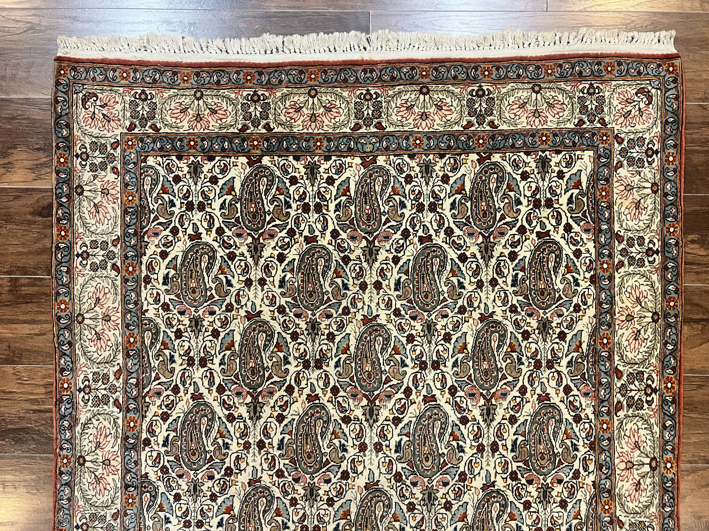 Persian Qum Rug 5x6, Cream Wool Hand Knotted Carpet, Repeated Boteh Paisely Design, Semi Antique Vintage Rug, Very Fine Weave 5 x 6 Rug - Nuvé