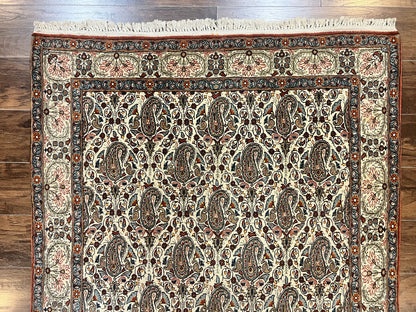 Persian Qum Rug 5x6, Cream Wool Hand Knotted Carpet, Repeated Boteh Paisely Design, Semi Antique Vintage Rug, Very Fine Weave 5 x 6 Rug - Nuvé
