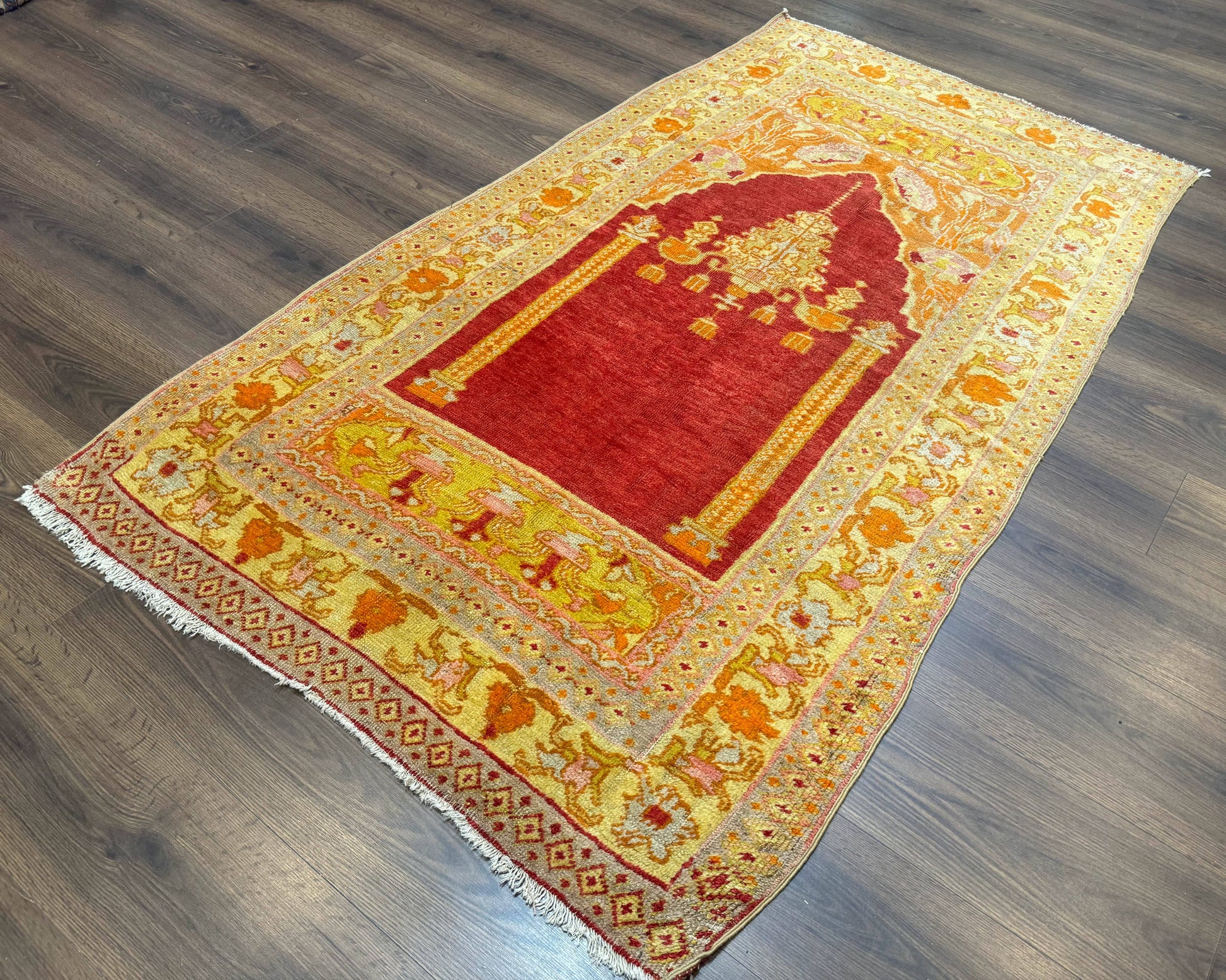 Antique Turkish Prayer Rug 4x6, Red and Golden Mustard, Mihrab Design, Anatolian Carpet - Nuvé