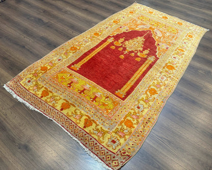 Antique Turkish Prayer Rug 4x6, Red and Golden Mustard, Mihrab Design, Anatolian Carpet - Nuvé