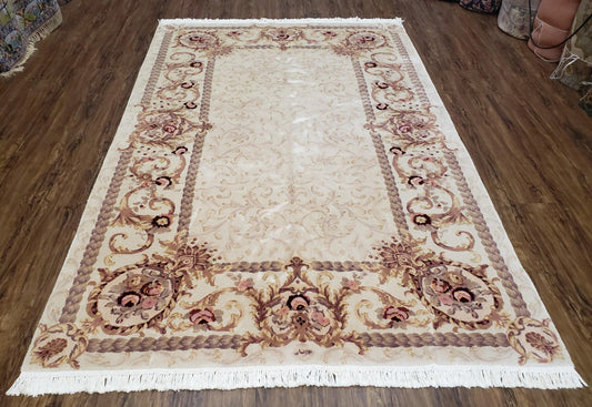 Vintage Ivory Chinese Aubusson Area Rug 6x9, Wool & Silk, Hand-Knotted 120 Line Fine Rug, European Design Carpet, 6 x 9 Master Signature Rug - Nuvé