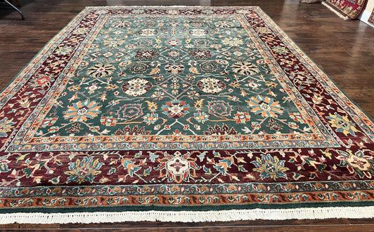 Indo Persian Rug 9x12, Wool Hand Knotted Vintage Carpet, Green and Maroon, Traditional Allover Floral Design, 9 x 12 Room Sized Rug - Nuvé
