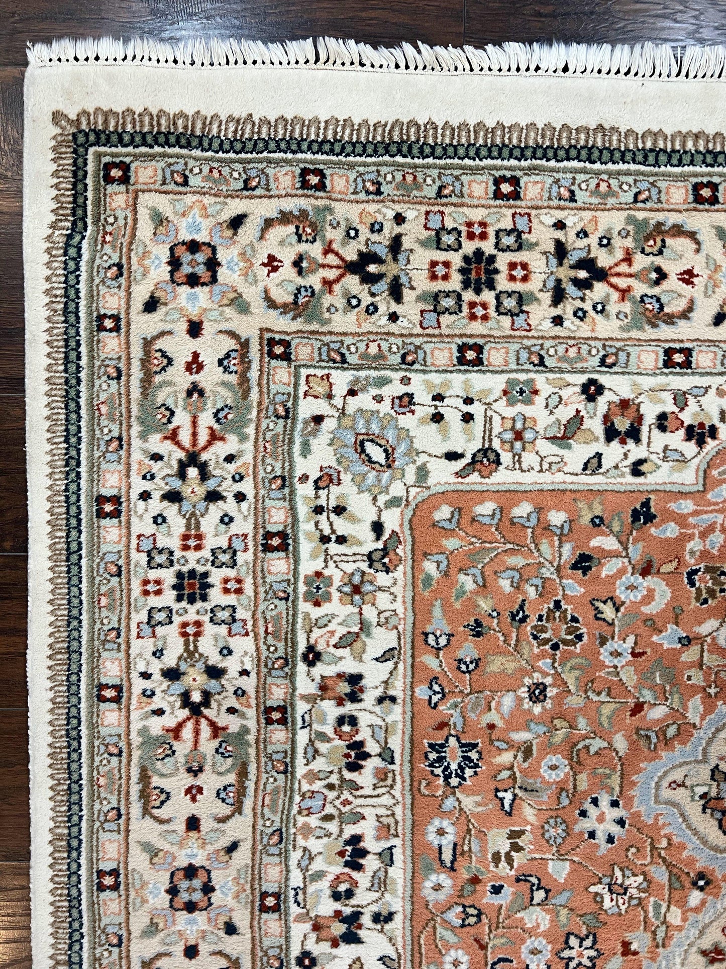 Indo Persian Rug 6x9, Wool Hand Knotted Vintage Carpet, Salmon & Ivory, Traditional Oriental Rug 6 x 9 - Nuvé