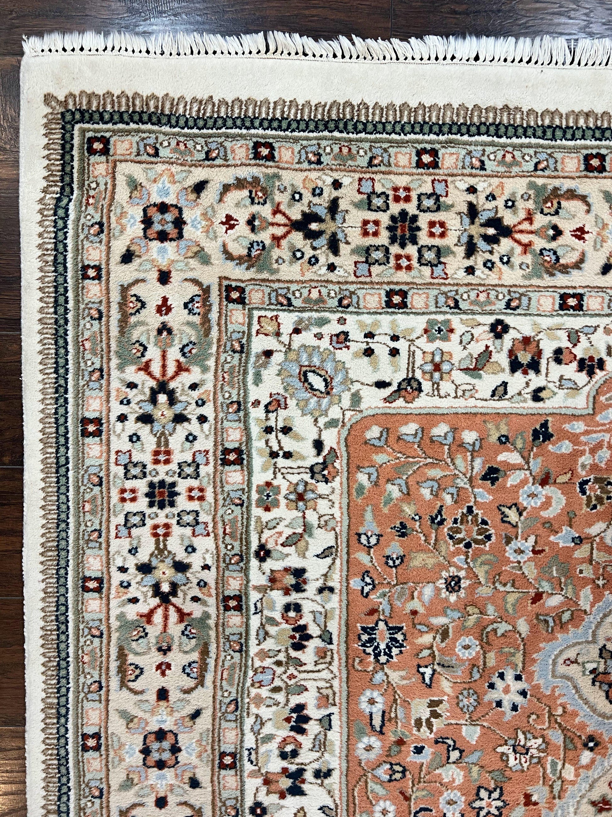 Indo Persian Rug 6x9, Wool Hand Knotted Vintage Carpet, Salmon & Ivory, Traditional Oriental Rug 6 x 9 - Nuvé