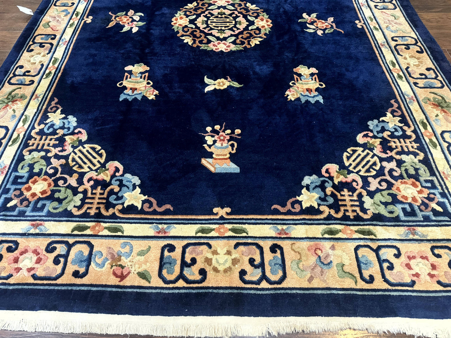 Chinese Wool Rug 8x11, Navy Blue and Beige, Simple Design, Fete Carpet - Nuvé