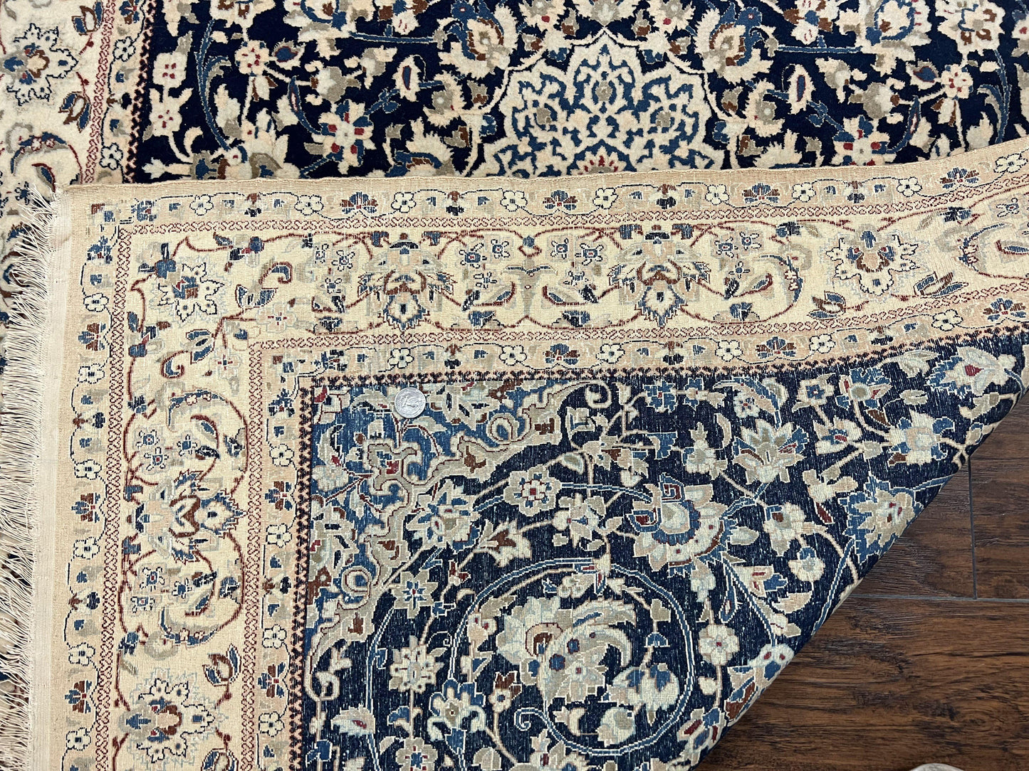 Very Fine Persian Nain Rug 3.7 x 6, Floral Medallion, Wool and Silk Accents, Highly Detailed, Hand Knotted Oriental Carpet, Navy Blue Ivory/Cream - Nuvé