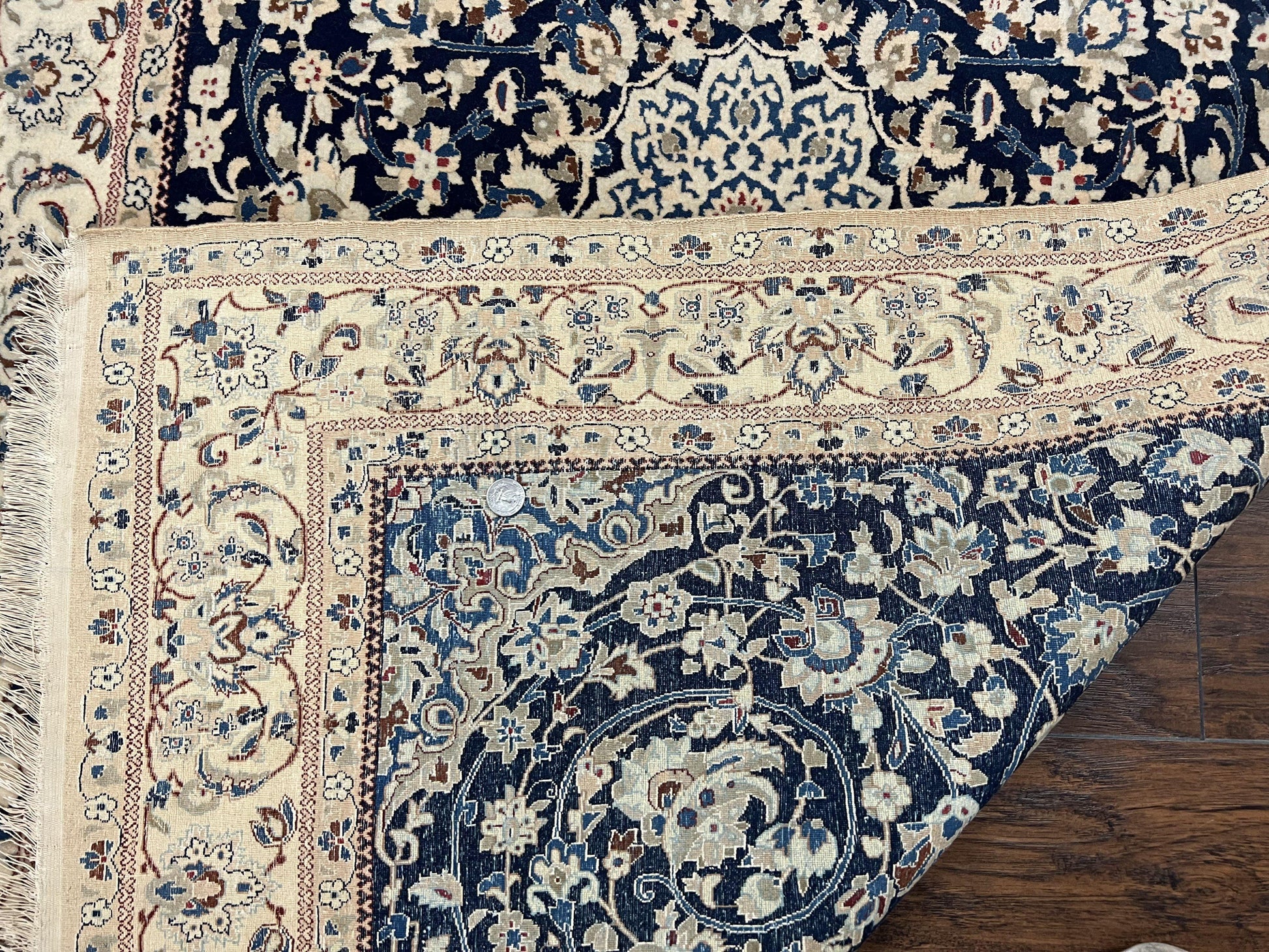 Very Fine Persian Nain Rug 3.7 x 6, Floral Medallion, Wool and Silk Accents, Highly Detailed, Hand Knotted Oriental Carpet, Navy Blue Ivory/Cream - Nuvé