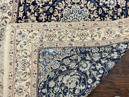 Very Fine Persian Nain Rug 3.7 x 6, Floral Medallion, Wool and Silk Accents, Highly Detailed, Hand Knotted Oriental Carpet, Navy Blue Ivory/Cream - Nuvé