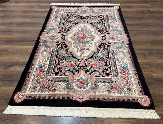 Aubusson Rug 4x6, Elegant European Floral Design, Black and Ivory, Fine 200 KPSI - Nuvé