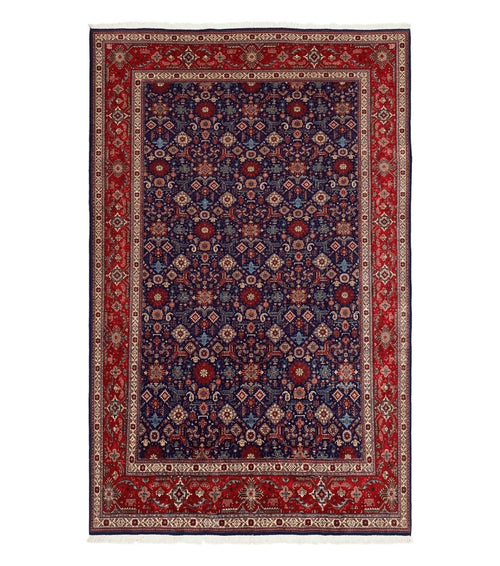 Large Persian Tabriz Rug 10x16, Navy Blue and Red, Allover Pattern, Vintage Hand Knotted Wool Carpet