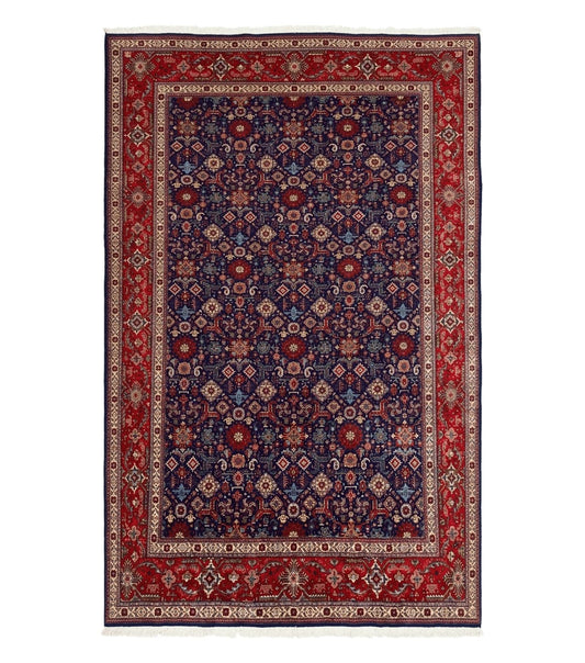 Large Persian Tabriz Rug 10x16, Navy Blue and Red, Allover Pattern, Vintage Hand Knotted Wool Carpet